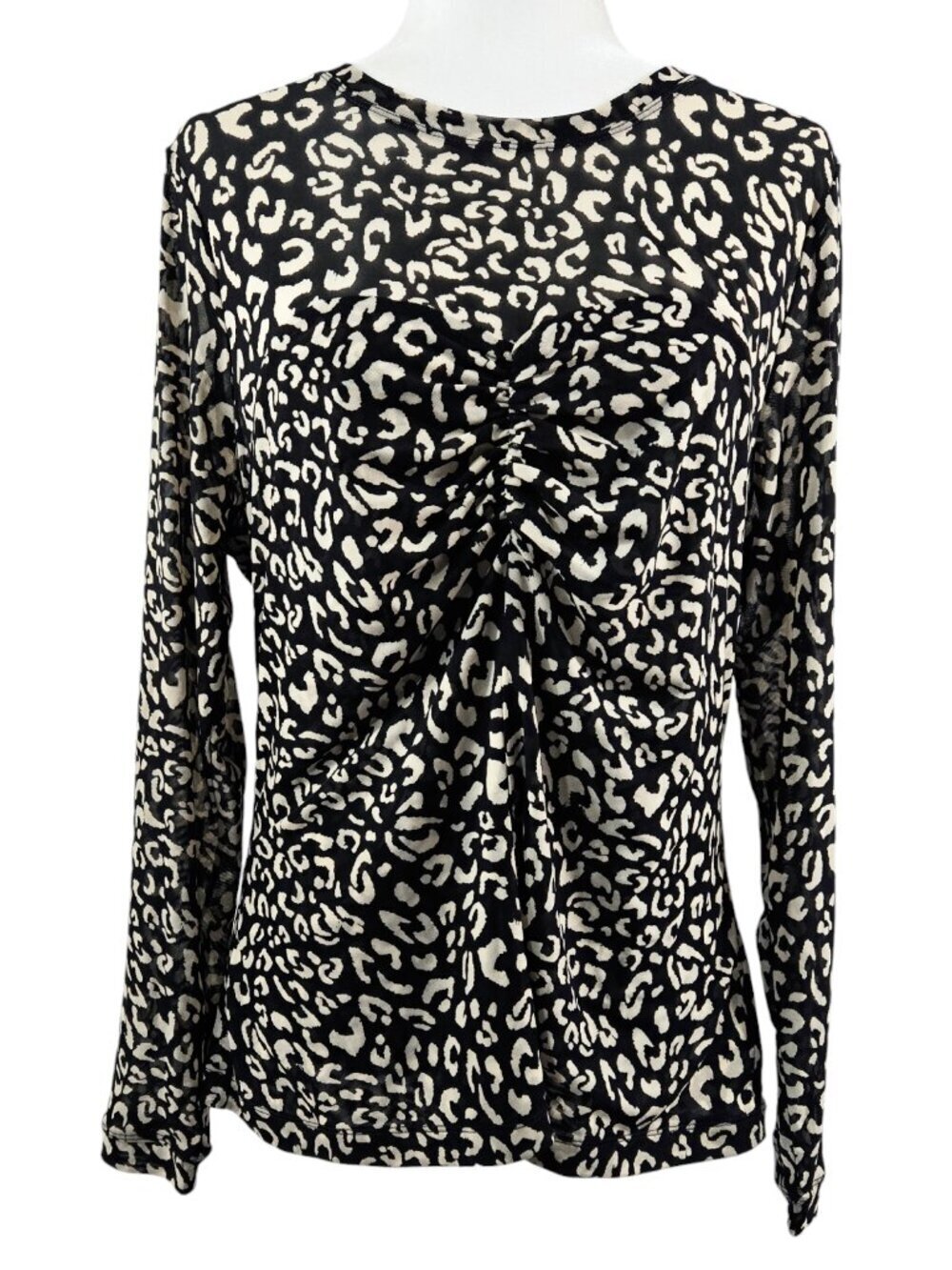 Cabi 4163 Sweetheart Black Tan Animal Print Mesh Slim Fit Ruched Top Romantic